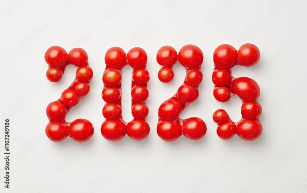 2025 Made of Cherry Tomatoes Numbers crafted with small, round cherry tomatoes in vibrant red. Fresh and bold, white background. 2025 Made of Cherry Tomatoes Numbers crafted with small, round cherry tomatoes in vibrant red. Fresh and bold, white background.