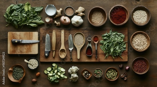 Organic Vegetarian Ingredients and Kitchen Tools on Wooden Table, Emphasizing Healthy, Eco-Friendly Cooking