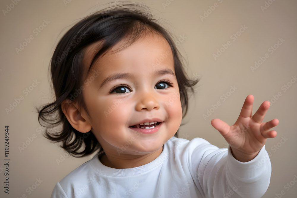 Happy toddler waving and smiling at home, portrait of joyful child Happy toddler waving and smiling at home, portrait of joyful child