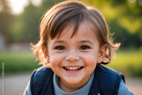 Portrait of happy smiling toddler enjoying childhood outdoors