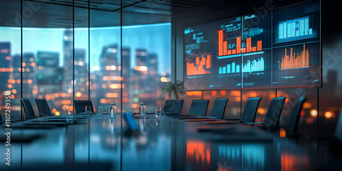 Boardroom with Digital Data Screens and City View