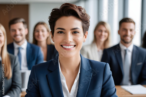 Smiling businesswoman leading a diverse team in a corporate setting