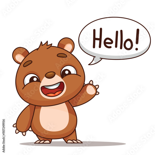 An adorable cartoon bear waving cheerfully with a friendly Hello expression, perfect for engaging kids content