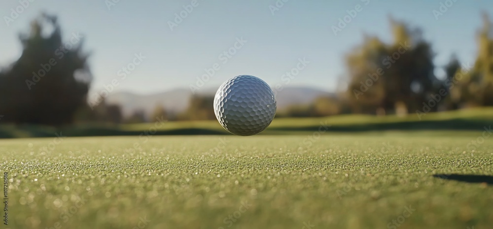 A golf ball hovering above a green surface on a sunny day. A golf ball hovering above a green surface on a sunny day.