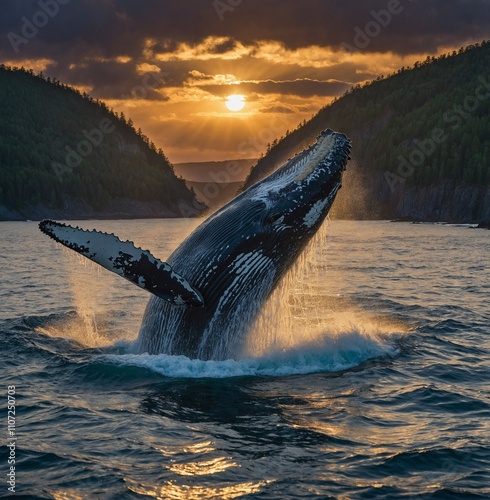 A majestic humpback whale breaching under a sunset sky, with a dense forest at the base of rugged cliffs.

 photo