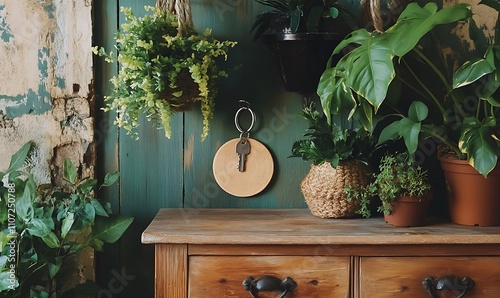 Wooden Key Holder With Hanging Plants And Rustic Decor photo