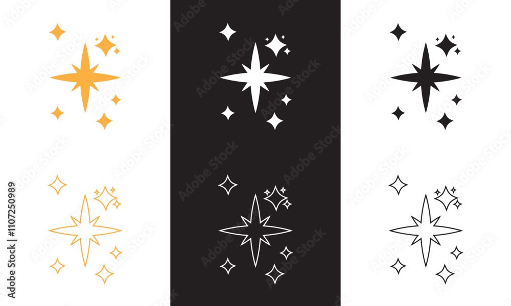 Sparkle Icon. Stars Icon Vector. Sparkling Star Shapes. Twinkling Stars. abstract shining flash symbols, glowing light effect. isolated on white and black background. Vector illustration. EPS 10 Sparkle Icon. Stars Icon Vector. Sparkling Star Shapes. Twinkling Stars. abstract shining flash symbols, glowing light effect. isolated on white and black background. Vector illustration. EPS 10