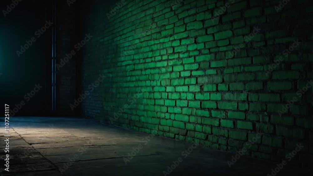 Green lighting on brick wall with concrete floor Green lighting on brick wall with concrete floor