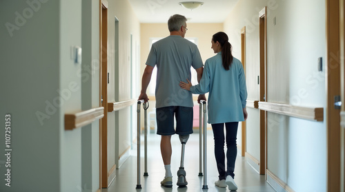 Man With Prosthetic Leg Practices Walking With Support in Rehabilitation Center