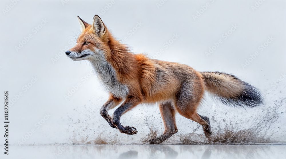 Fototapeta premium Wild fox running across a grassy field in search of food during bright daylight hours