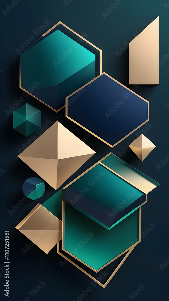 Vivid and Dynamic 3D Geometric Shapes in Midnight Blue, Emerald Green, Champagne. A Bold and Artistic Tech-Inspired Design for Modern Branding Vivid and Dynamic 3D Geometric Shapes in Midnight Blue, Emerald Green, Champagne. A Bold and Artistic Tech-Inspired Design for Modern Branding