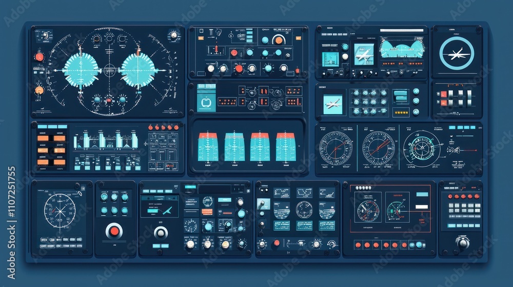 A futuristic dashboard displaying various technical instruments, gauges, and data visualizations, designed for monitoring and control. A futuristic dashboard displaying various technical instruments, gauges, and data visualizations, designed for monitoring and control.