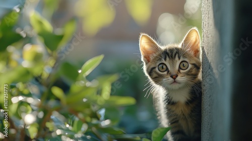 A curious kitten peeking around a textured wall. Its bright eyes and soft fur are illuminated by warm sunlight, conveying an aura of innocence and playfulness.