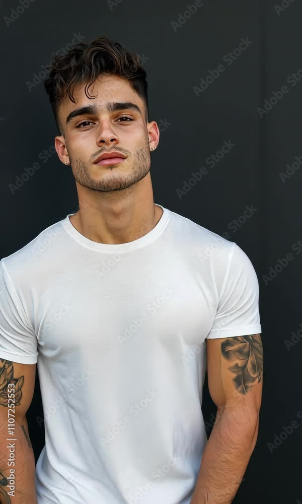A man with a beard and tattoos is wearing a white shirt and posing for a picture. Concept of confidence and self-assurance, as the man stands tall and looks directly at the camera A man with a beard and tattoos is wearing a white shirt and posing for a picture. Concept of confidence and self-assurance, as the man stands tall and looks directly at the camera