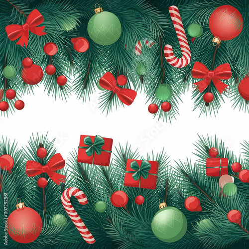 Christmas Branches Border with Christmas Decorations 