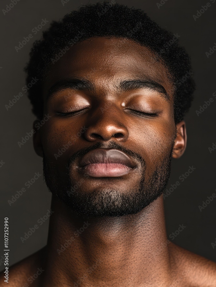 Obraz premium Contemplative young African black man eyes closed in mindful meditation