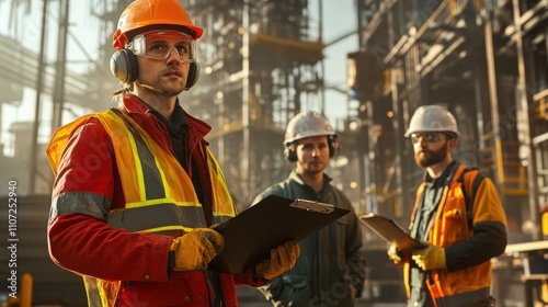 Workers wearing safety helmets and reflective gear, engaged in a site activity. They hold clipboards, reflecting a focus on teamwork and safety in a bustling industrial environment.
