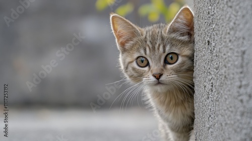 A curious kitten peeking around a textured wall. Its bright eyes and soft fur are illuminated by warm sunlight, conveying an aura of innocence and playfulness.