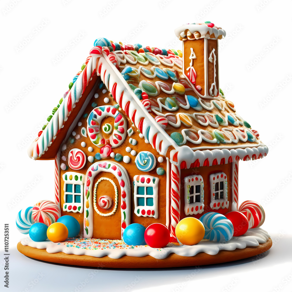 Naklejka premium Festive Gingerbread House with Candy Lollipops and Colorful Easter Eggs Christmas Deco
