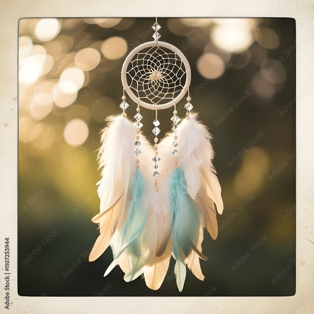 Fototapeta premium A dreamcatcher adorned with white and blue feathers hangs gracefully, capturing the light softly. Intricate beadwork enhances its delicate design, creating a calming atmosphere.