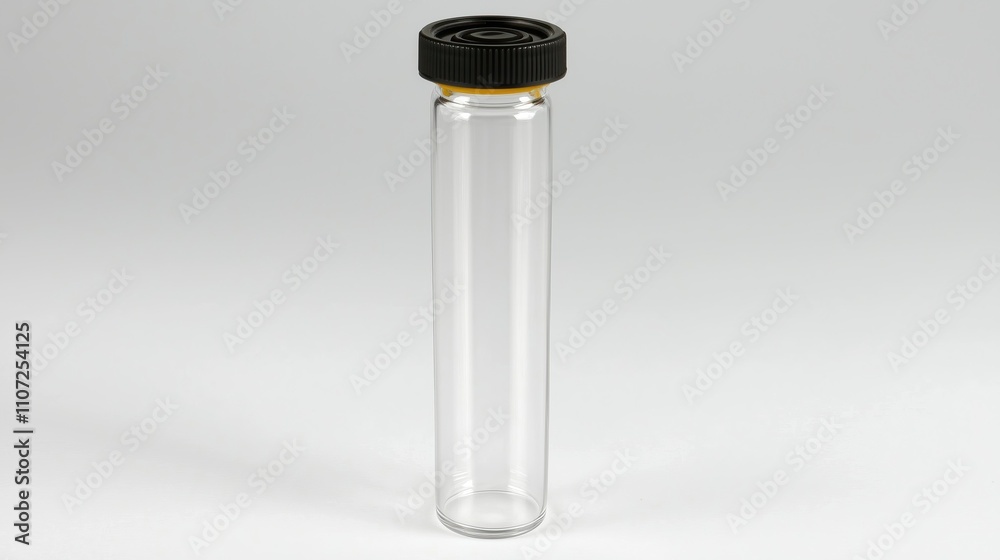Clear glass test tube with black screw cap isolated on light background Clear glass test tube with black screw cap isolated on light background