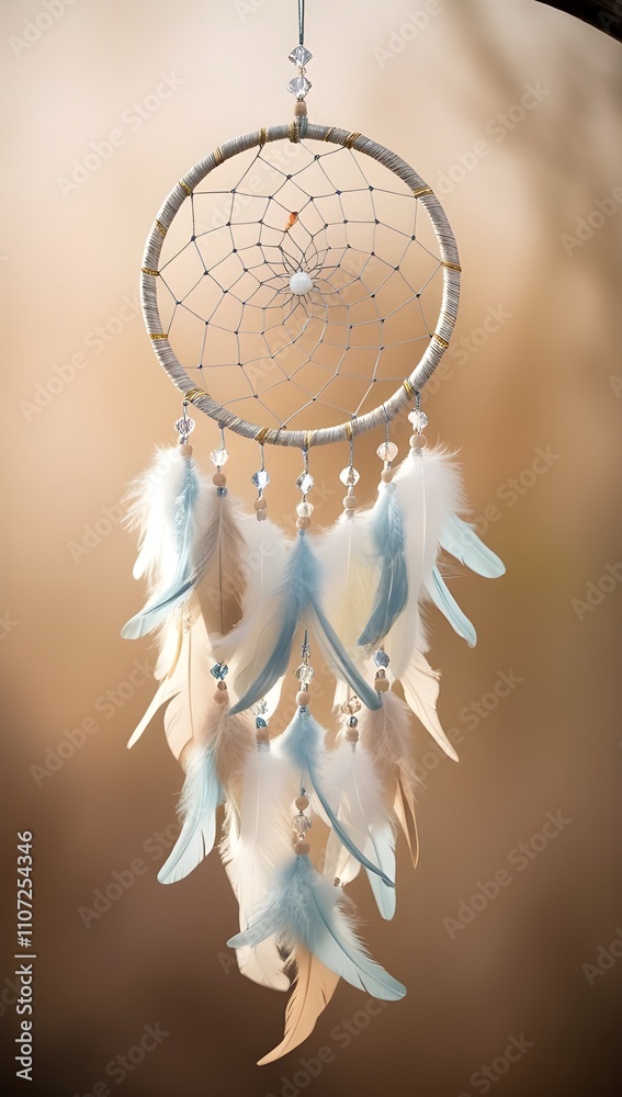 Obraz premium A dreamcatcher adorned with white and blue feathers hangs gracefully, capturing the light softly. Intricate beadwork enhances its delicate design, creating a calming atmosphere.