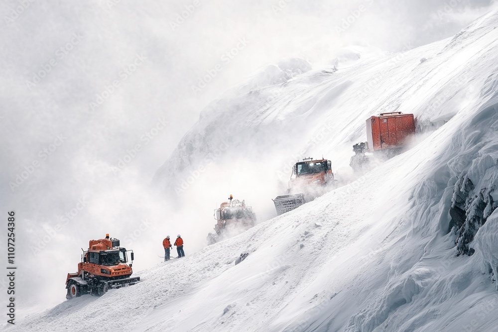 Preparing a snowy mountain slope for skiers and snowboarders: snow groomers and workers ensuring perfect conditions for winter sports Preparing a snowy mountain slope for skiers and snowboarders: snow groomers and workers ensuring perfect conditions for winter sports