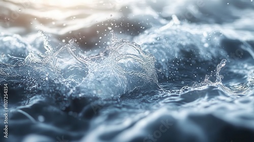 A close-up view of water textures showcases shimmering droplets and dynamic waves. The cool, fluid surface dances with light, creating a serene and captivating aquatic scene.