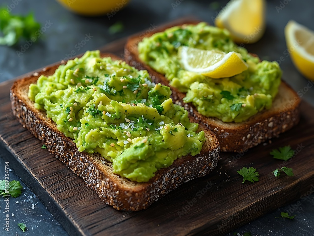 Avocado toast with lemon garnish and herbs on rustic wooden board Avocado toast with lemon garnish and herbs on rustic wooden board