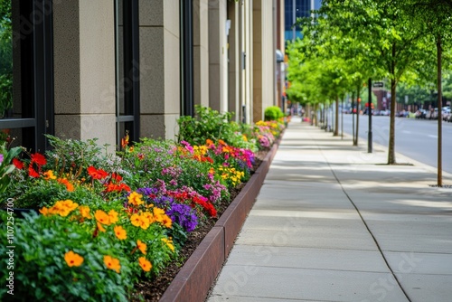 Wallpaper Mural Lively flowers bring a natural flair to the city, enhancing the ambiance for pedestrians walking along a sidewalk shaded by trees Torontodigital.ca