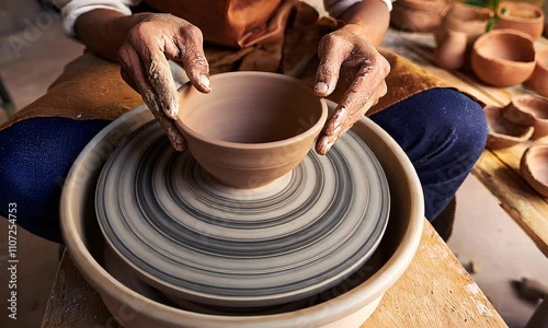 Sculptor creates a handmade clay bowl. Potter's hands at work, making ceramic dishes. Craftsman's workshop, craft or hobby.