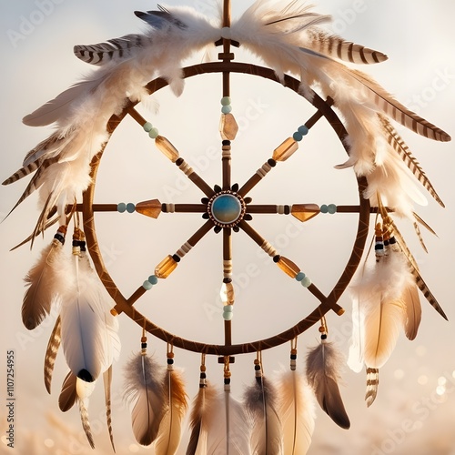 A dreamcatcher adorned with delicate feathers and beads is centered against a soft, blurred background. Sunlight filters through the feathers, creating a warm and serene atmosphere.
