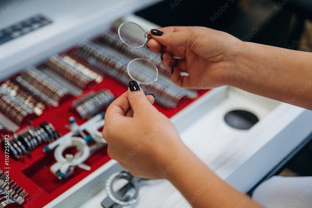 Fototapeta premium Ophthalmologist is picking different lenses that are in the kit