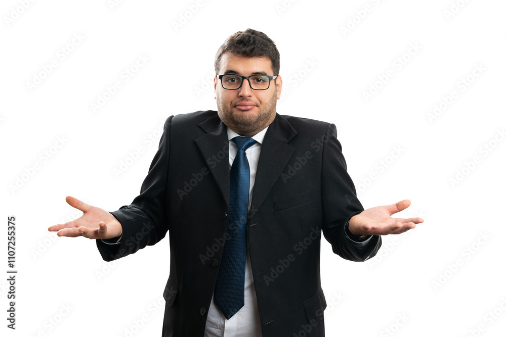 Entrepreneur with confused expression making shrug gesture Entrepreneur with confused expression making shrug gesture