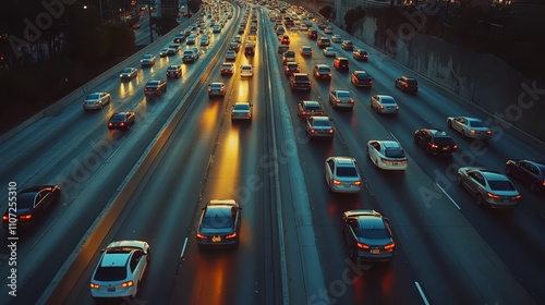 Dense highway traffic at dusk.