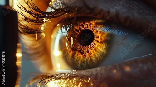 Detailed iris in macro view with glowing golden tones and vibrant patterns photo