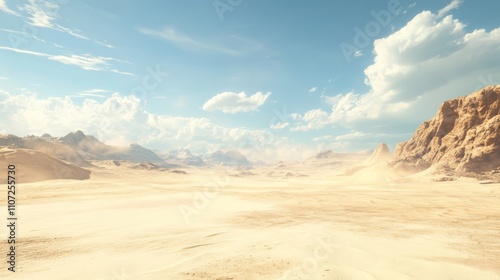 Expansive desert landscape under a bright sky.