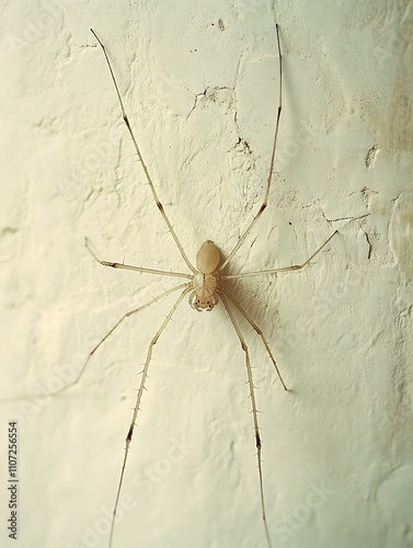 Daddy long-legs spider clinging to a white textured wall in closeup view photo