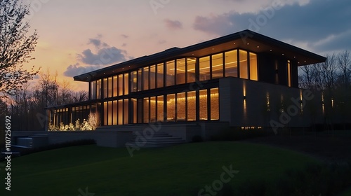 Contemporary house illuminated by modern lighting at dusk