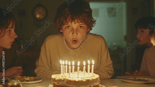 Kid blowing out candles on a birthday cake.