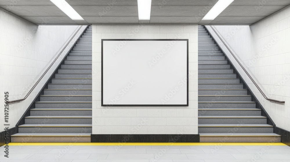 Fototapeta premium A minimalist subway station with two staircases leading up to a blank advertisement wall, offering an open and spacious feel.