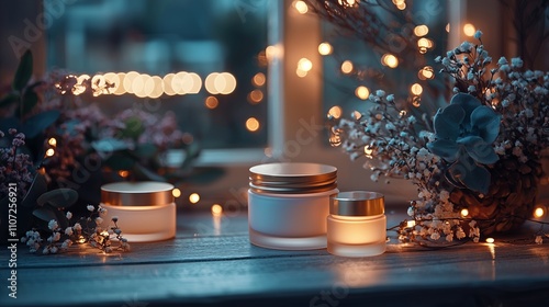 Skincare in a cozy indoor setting with festive lights, emphasizing a peaceful corner with luxurious cream jars, flowers, and glowing lights against a simple, elegant backdrop