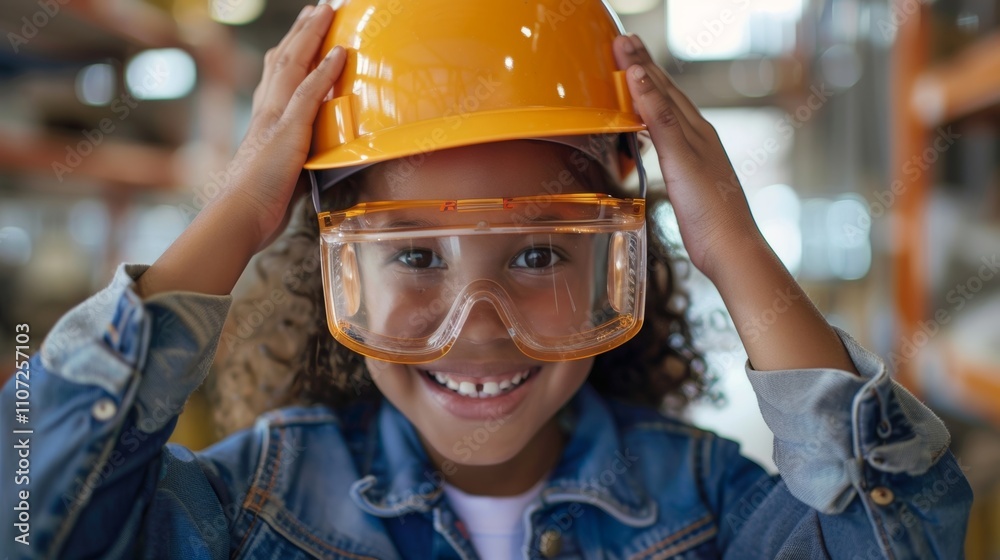 A young student excitedly trying on a hard hat and safety goggles feeling like a real construction worker for the day. A young student excitedly trying on a hard hat and safety goggles feeling like a real construction worker for the day.