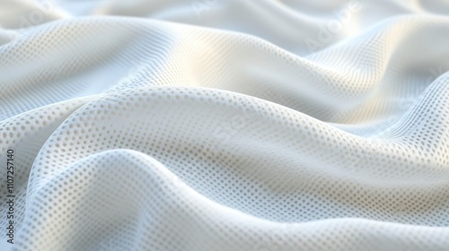 A close-up of textured white fabric reveals soft, flowing waves with intricate patterns. The smooth surface reflects light delicately, creating a serene and elegant atmosphere in the scene.