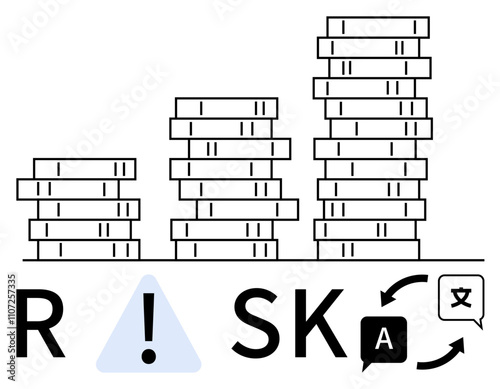 Stacked coins of varying heights with the word RISK incorporated and translation icons. Ideal for finance, risk management, investment, economics, business strategy, international trade, banking