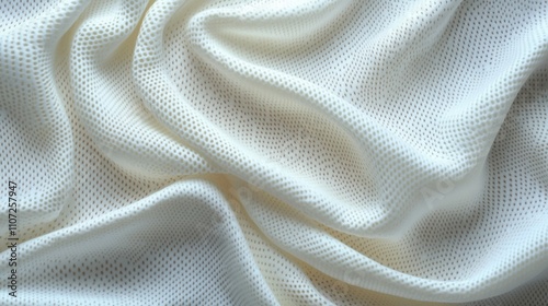 A close-up of soft, white fabric with a delicate texture. Its airy, flowing drapes reveal intricate patterns, creating an elegant and serene visual effect that invites touch.