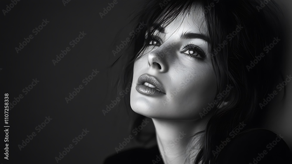A close-up, monochrome portrait of a woman gazing thoughtfully, exuding emotion and depth. A close-up, monochrome portrait of a woman gazing thoughtfully, exuding emotion and depth.