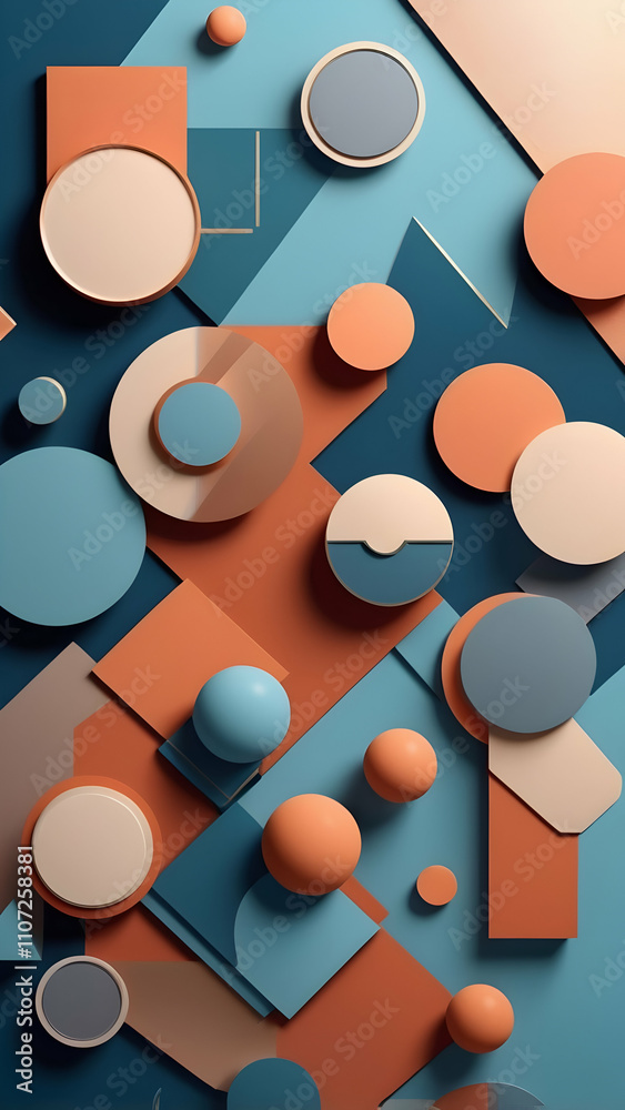 Vivid and Dynamic 3D Geometric Shapes in Terracotta, Dusty Blue, Beige. A Bold and Artistic Tech-Inspired Design for Modern Branding