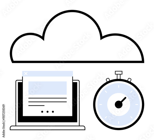 Cloud stopwatch and laptop with internet page. Ideal for cloud computing, speed, efficiency, technology, productivity, time management, and online services. Line metaphor