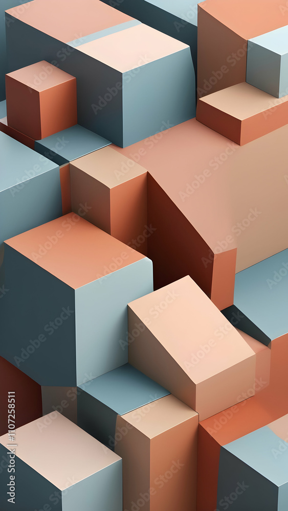 Vivid and Dynamic 3D Geometric Shapes in Terracotta, Dusty Blue, Beige. A Bold and Artistic Tech-Inspired Design for Modern Branding